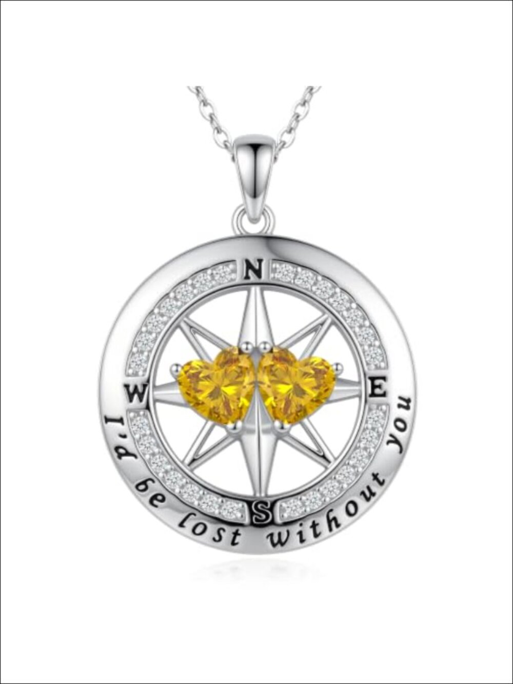 White Gold Plated Compass Pendant Necklace with Cubic Zirconia Hearts